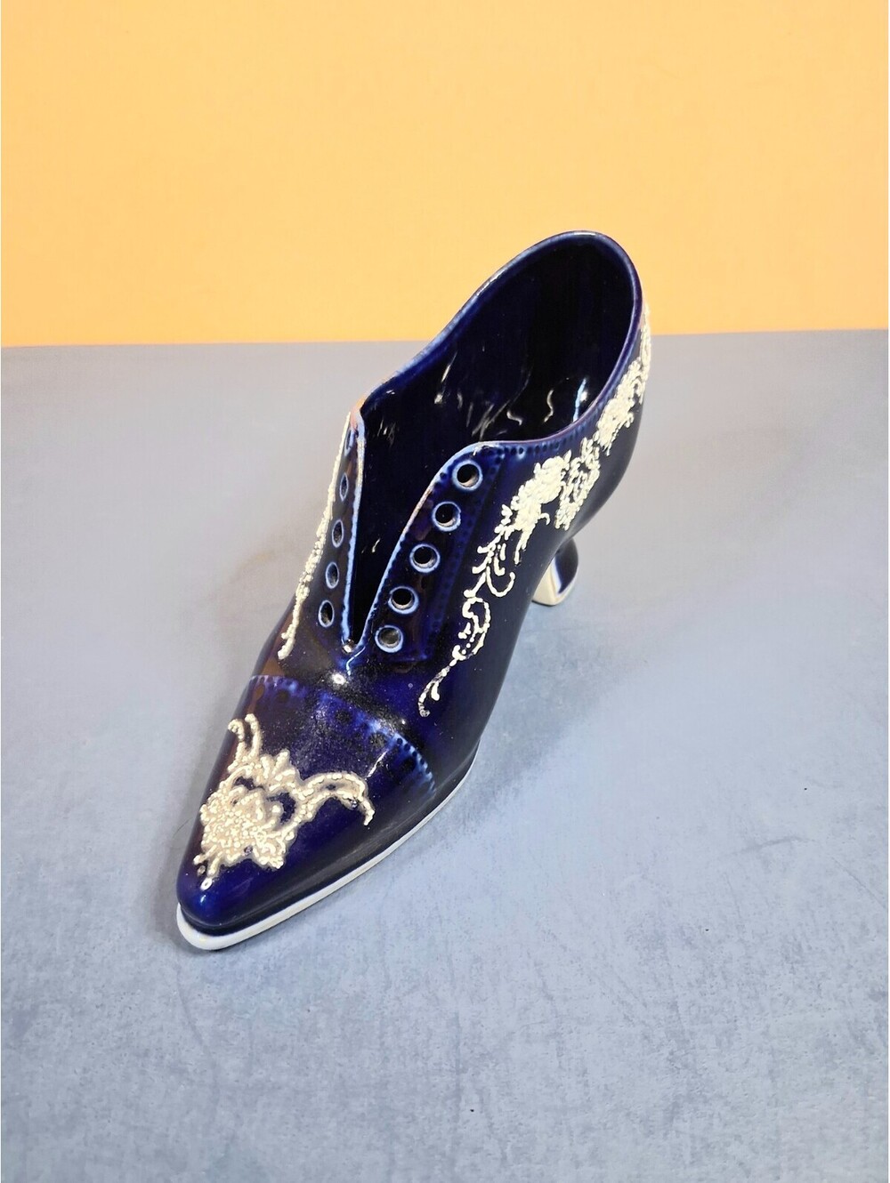 Vintage Royal Bayreuth Navy Ceramic Shoe w/White Coralene and Gilt Highlights